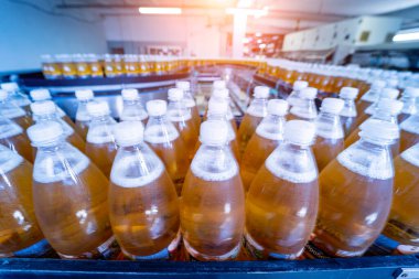 Modern bir içecek fabrikasında meyve suyu veya su için şişeli taşıyıcı bant