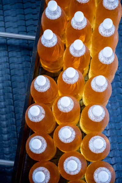 Taśma transportująca z butelkami na sok lub wodę w nowoczesnej fabryce napojów — Zdjęcie stockowe