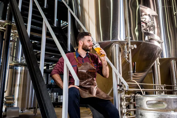 Jonge mannelijke brouwer in lederen schort in moderne brouwerij fabriek — Stockfoto