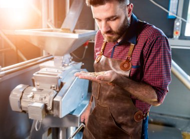 Deri önlüklü genç bir bira üreticisi modern bir bira fabrikasında malt tohumlarının öğütülmesini kontrol eder.