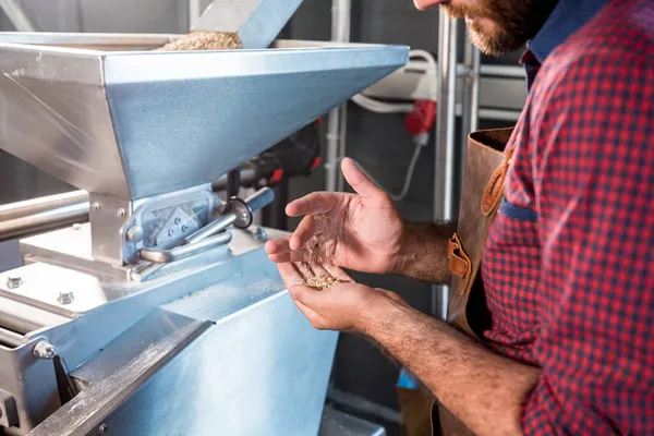 Een jonge brouwer in een leren schort controleert het malen van moutzaden in een molen in een moderne brouwerij — Stockfoto