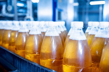 Modern bir içecek fabrikasında meyve suyu veya su için şişeli taşıyıcı bant