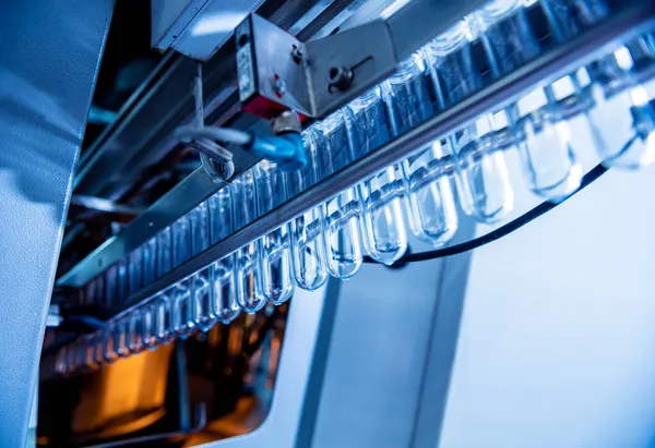 Modern içecek fabrikasında otomatik doldurma makinesi plastik PET şişelerine su doldurur. — Stok fotoğraf