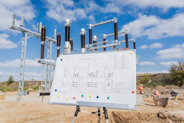 Diferentes secciones de la construcción de una subestación de transmisión de potencia. — Foto de Stock