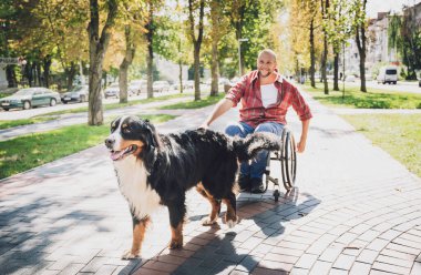 Köpeğiyle tekerlekli sandalye kullanan fiziksel engelli genç adam..