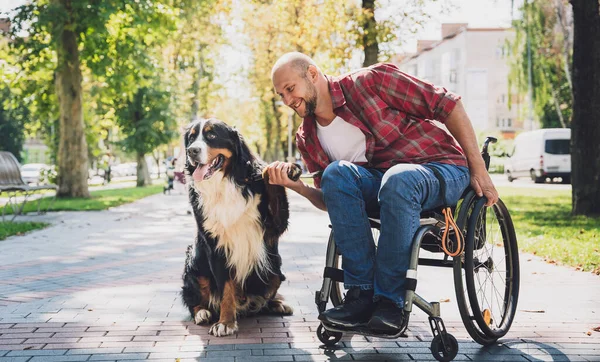 Joven feliz con una discapacidad física que usa silla de ruedas con su perro. —  Fotos de Stock