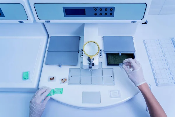 Laboratory assistant works at paraffin wax dispenser tissue embedding machine. — Stock Photo, Image