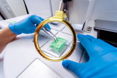 Laboratuvar asistanı parafin ağda doku yerleştirme makinesinde çalışıyor..