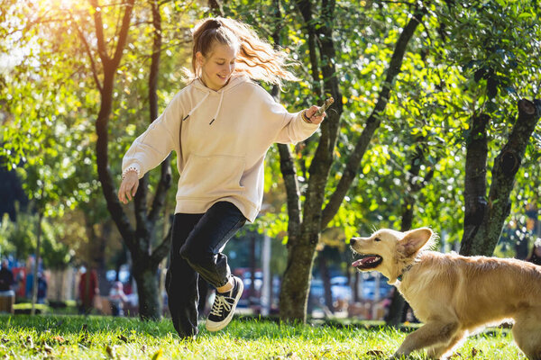 The owner plays the golden retriever dog in the park.