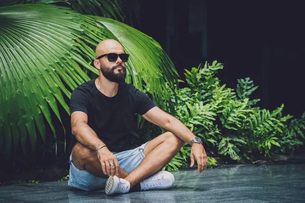 Genç adam ormanda güzel yeşil yapraklarla yoga yapıyor.