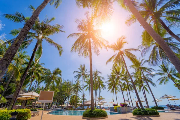 Amazing tropical paradise beach with swimming pools and coconut palms — ストック写真