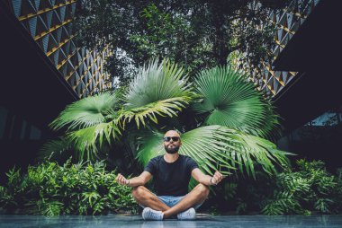 Genç adam ormanda güzel yeşil yapraklarla yoga yapıyor.