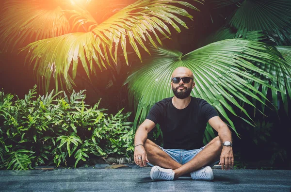 Genç adam ormanda güzel yeşil yapraklarla yoga yapıyor.