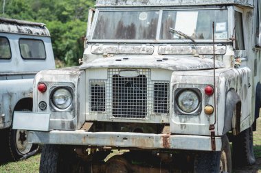 Afrika ormanlarında safari için eski paslı arabalar.