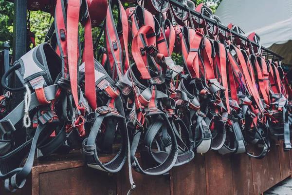 Rows of climbing safety ropes and carabiners and helmets — 스톡 사진