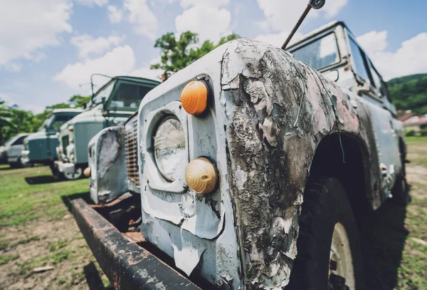 Afrika ormanlarında safari için eski paslı arabalar.