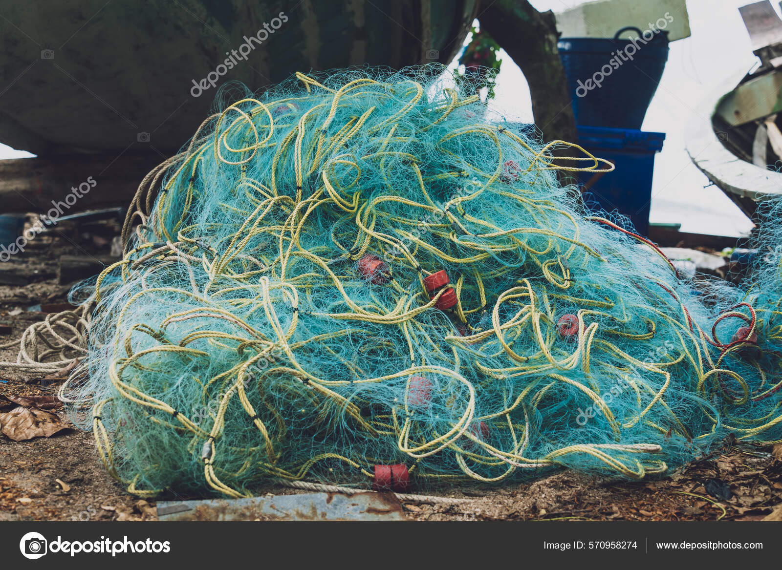 Detail view and background of used fishing nets Stock Photo by