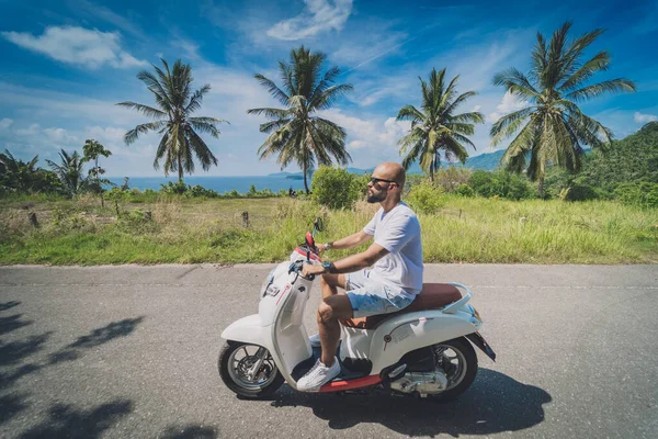 Stylish Young Man Rides Motorbike Road Sea Palm Trees — Photo