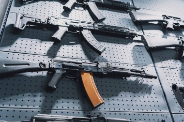 Duvarda tüfek ve tüfek koleksiyonu var..