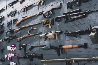 Duvarda tüfek ve tüfek koleksiyonu var..