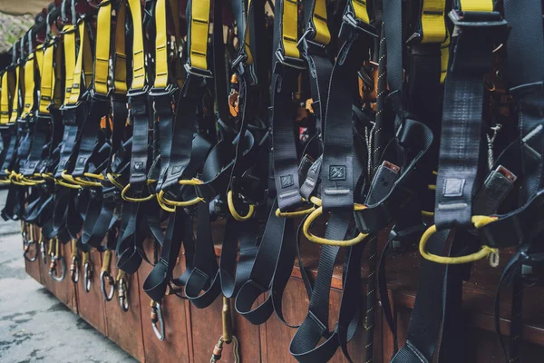 Rows Climbing Safety Ropes Carabiners Helmets — 스톡 사진