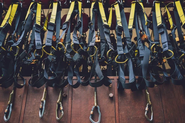 Rows Climbing Safety Ropes Carabiners Helmets — ストック写真