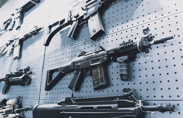 Duvarda tüfek ve tüfek koleksiyonu var..