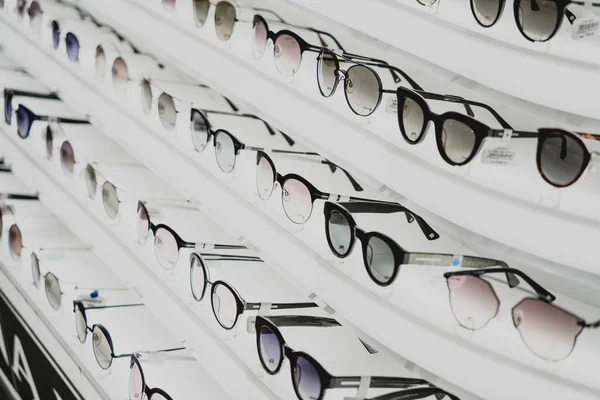 Rows of sunglasses on the counter of an optical store.