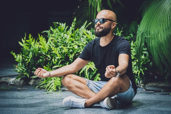 Genç adam ormanda güzel yeşil yapraklarla yoga yapıyor..