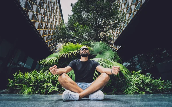 Genç adam ormanda güzel yeşil yapraklarla yoga yapıyor..
