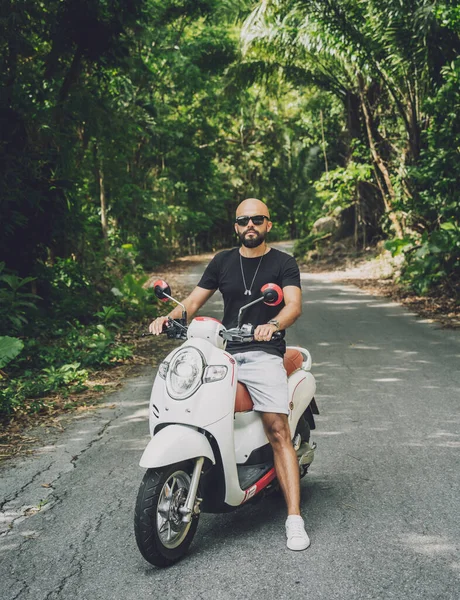 Stylish Young Man His Motorbike Road Jungle — Photo