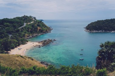 Okyanusta palmiye ağaçları olan güzel dağlar.