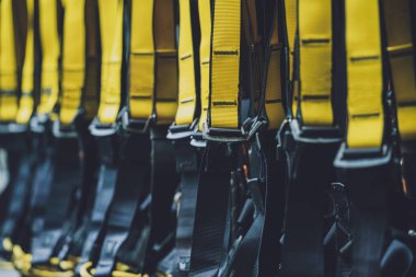 Rows of climbing safety ropes and carabiners and helmets.