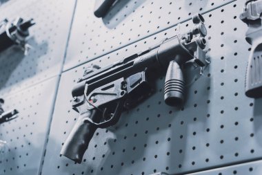 Duvarda tüfek ve tüfek koleksiyonu var..