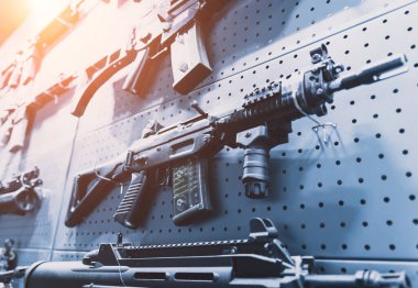 Collection of rifles and carbines on the wall.