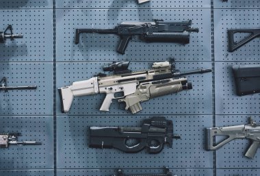 Duvarda tüfek ve tüfek koleksiyonu var..