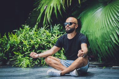 Genç adam ormanda güzel yeşil yapraklarla yoga yapıyor..