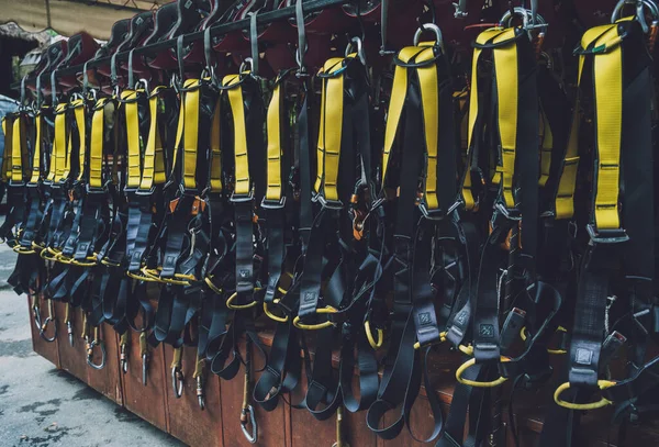 Rows Climbing Safety Ropes Carabiners Helmets — 스톡 사진