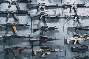 Duvarda tüfek ve tüfek koleksiyonu var..