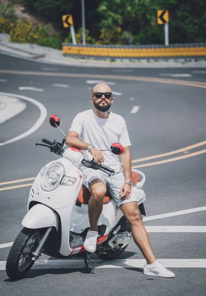 Stylish Young Man His Motorbike Road — Stock Fotó