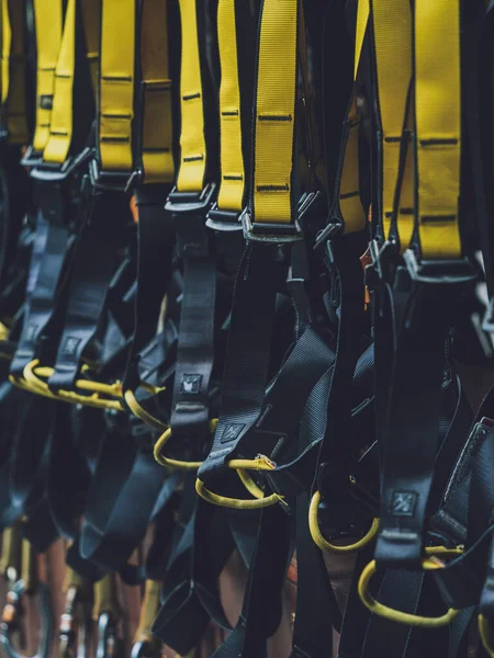 Rows Climbing Safety Ropes Carabiners Helmets — Fotografia de Stock