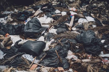 Yerde plastik şişeler ve diğer atık türleri.