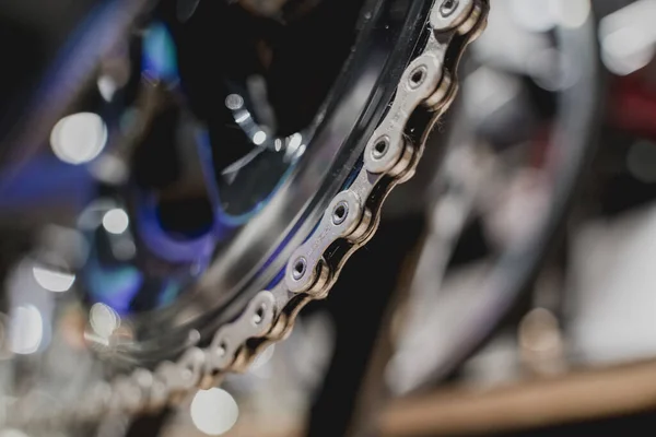 Photo of new gears and chains of mountain bicycle.