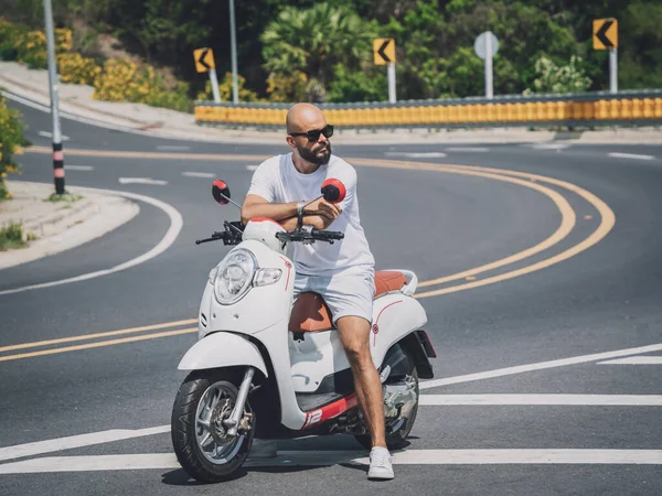 Stylish Young Man His Motorbike Road — Photo