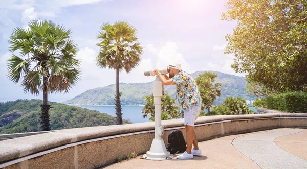 Man Watching Binoculars Telescope Standing Observation Point — Stock Photo, Image