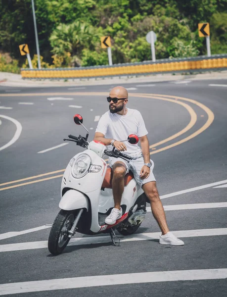 Stylish Young Man His Motorbike Road — Photo