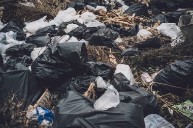 Yerde plastik şişeler ve diğer atık türleri.