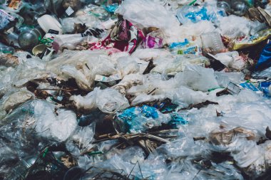 Yerde plastik şişeler ve diğer atık türleri.