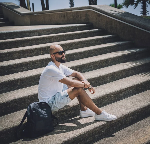 Lonely Young Handsome Man Sitting Stairs Park — Zdjęcie stockowe