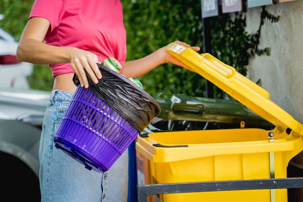 Young Beautiful Girl Throws Sorted Garbage Special Bins — Stockfoto